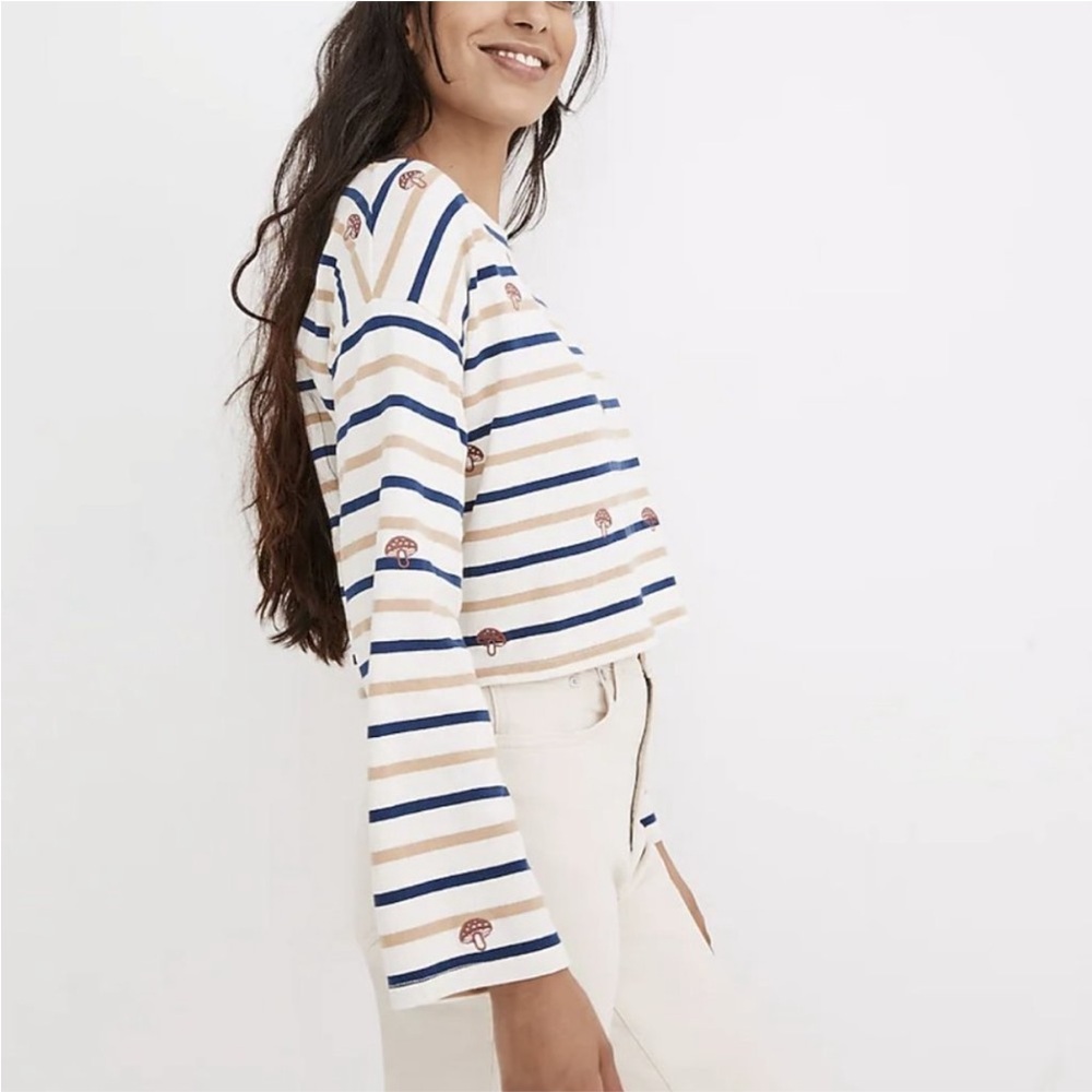 Madewell Cream and Blue Striped Cropped Long-Sleeve Top